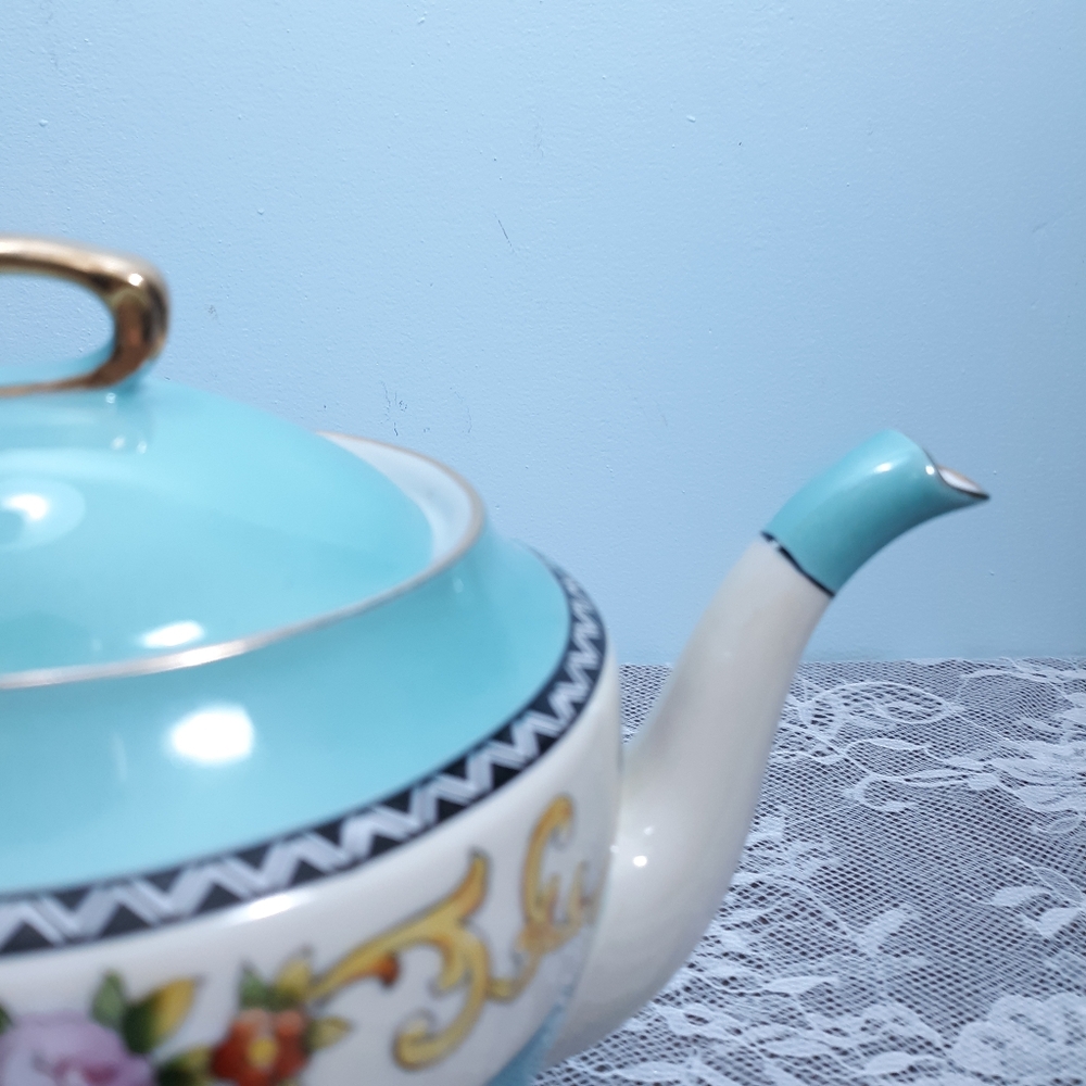 Antique Ca 1920 Noritake Teapot Turquoise Blue Floral Roses White Gold Vintage - Picture 12 of 13